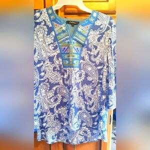 Caleoas Embroidered Paisley Split Round Neck 3/4 Sleeve Tunic Boho Hippie LRG